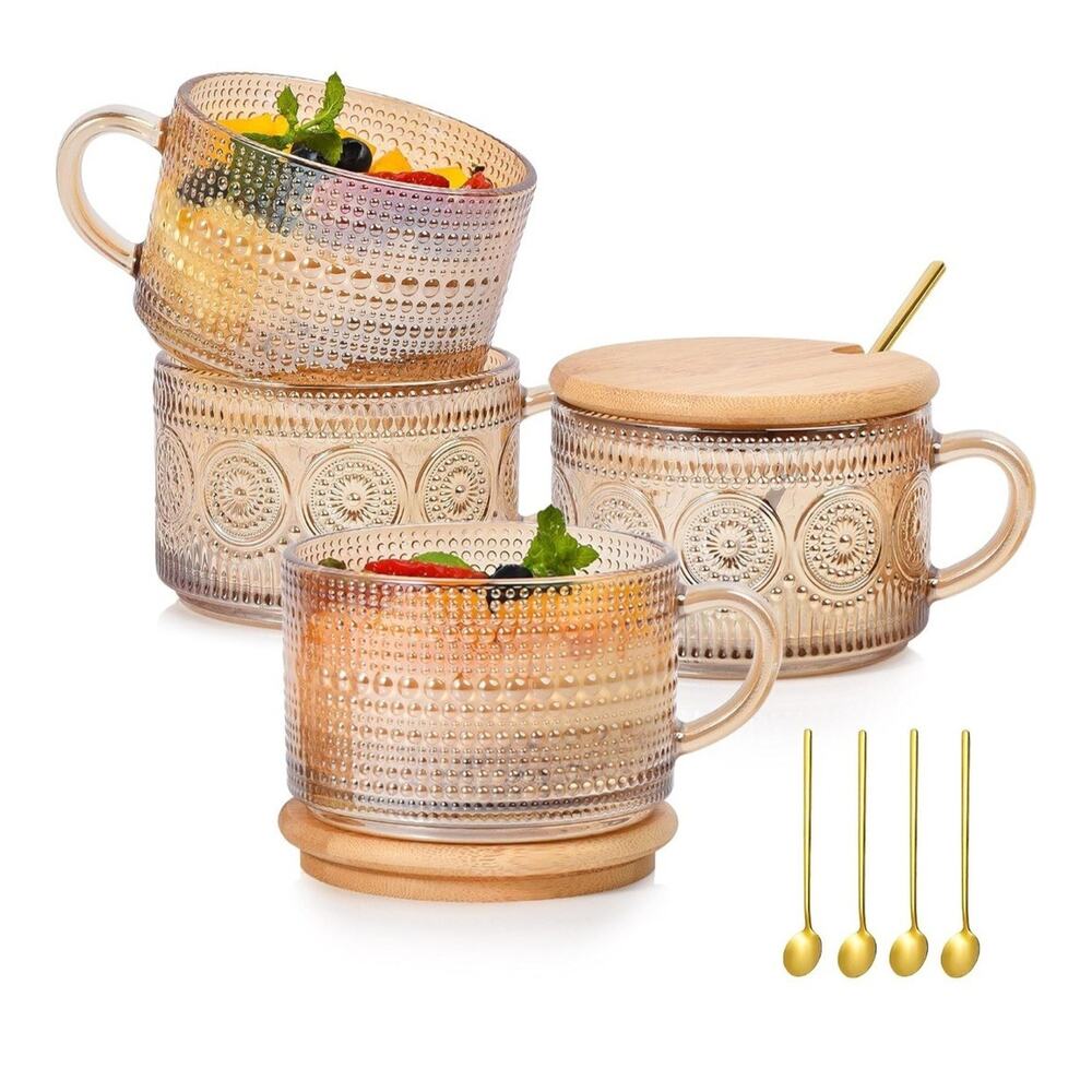 Vintage Coffee Mugs Set Of 4 Embossed Tea Cups Overnight Oats Containers With Ba